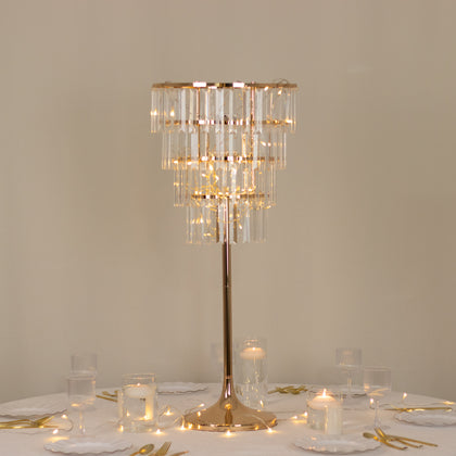 Crystal Pendant 4-Tier Table Centerpiece Chandelier – 38" Gold Metal Flower Stand with Round Frame & Base, Hanging Crystals