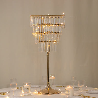 Crystal Pendant 4-Tier Table Centerpiece Chandelier – 38" Gold Metal Flower Stand with Square Frame, Round Base & Hanging Crystals