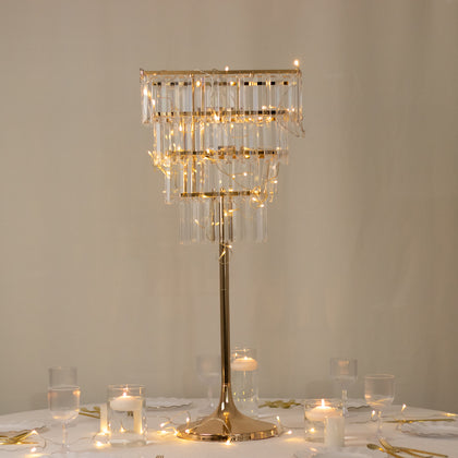Crystal Pendant 4-Tier Table Centerpiece Chandelier – 38" Gold Metal Flower Stand with Square Frame, Round Base & Hanging Crystals