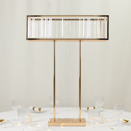 Crystal Pendant Flower Stand, Gold Metal Centerpiece Vase – 32" Tall Rectangular Display Rack