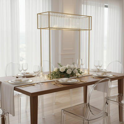 Elegant dining table setting with glassware and floral centerpiece.