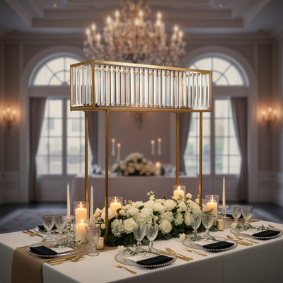 Elegant table setting with a modern centerpiece and floral arrangement in a banquet hall.