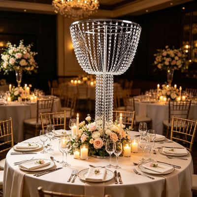 Elegant wedding reception table with chandelier centerpiece and floral candles