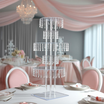 5-Tier Acrylic Chandelier Flower Stand with Hanging Crystals – 39" Tall Clear Table Centerpiece Display Tower