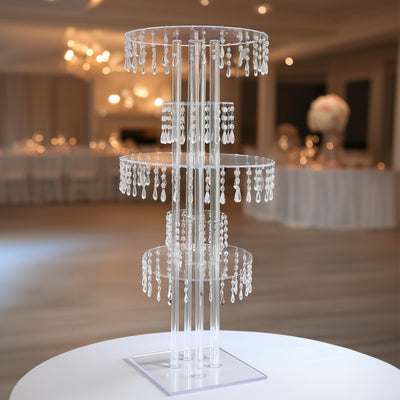 Acrylic cake stand with cascading crystal beads, perfect for elegant displays.