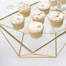 12 Inch Gold Metal Geometric Diamond Cut Pedestal Display Riser with Square Glass Top Cake Stand