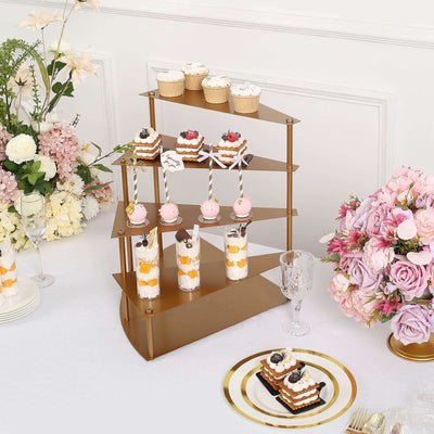 Elegant dessert display stand with assorted treats and flowers in a festive setting.