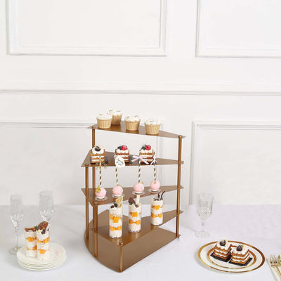 Three-tier dessert stand with cupcakes and pastries on a table.