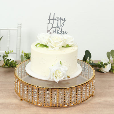 Crystal Cake Stand with Hanging Beads and Glass Top – 14" Round Gold Metal Dessert Display Tray