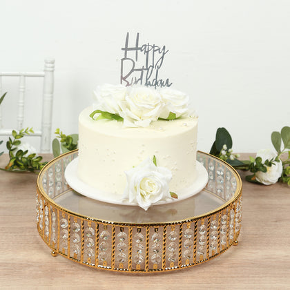Crystal Cake Stand with Hanging Beads and Glass Top – 14" Round Gold Metal Dessert Display Tray