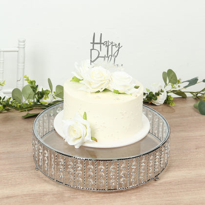 Crystal Cake Stand with Hanging Beads and Glass Top – 14" Round Silver Metal Dessert Display Tray