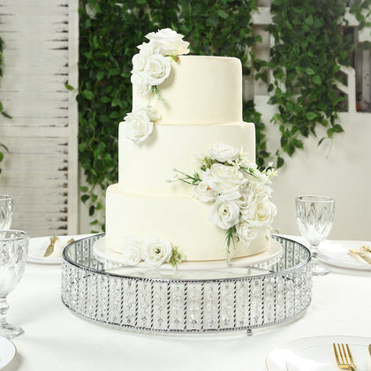Crystal Cake Stand with Hanging Beads and Glass Top – 18" Round Silver Metal Dessert Display Tray