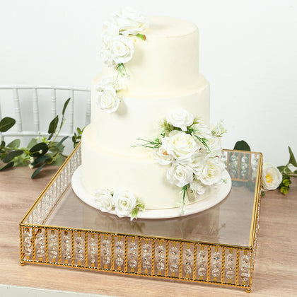 Square Crystal Cake Stand with Hanging Beads and Glass Top – 18" Gold Metal Dessert Display Tray