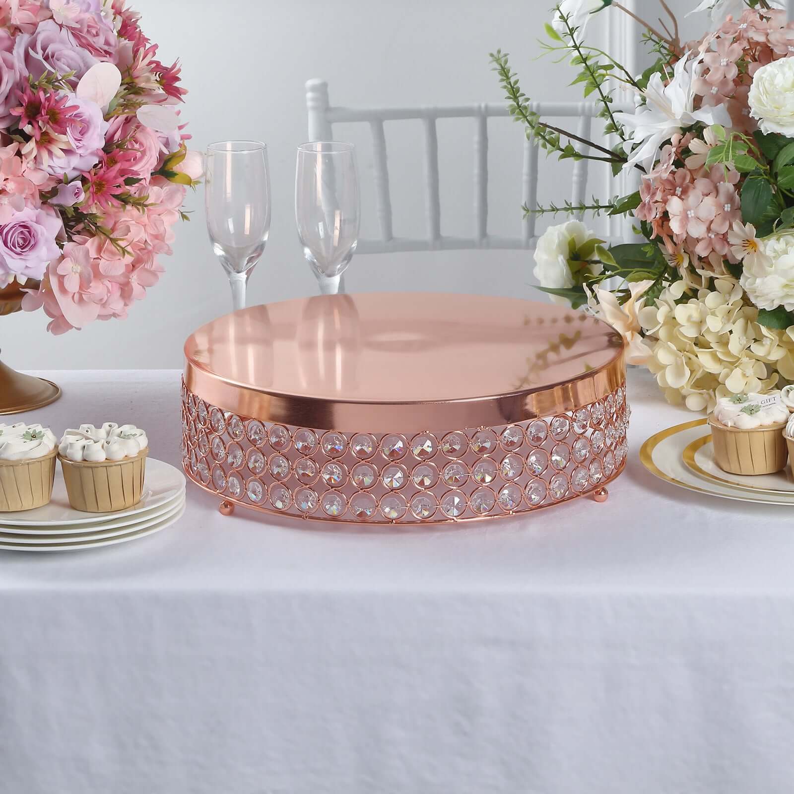 CraftsnFavors 1-Tier Gold Metal Cake Stand – 15.5" Wide, Crystal Beads, Wedding