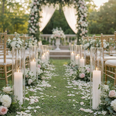 Elegant outdoor wedding aisle with candles, floral arch, and rose petals