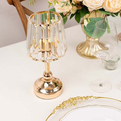 Elegant gold table lamp with crystal shade, perfect for dining decor.