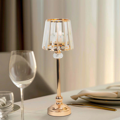 Elegant table lamp with crystal shade and rose gold base, perfect for dining decor.