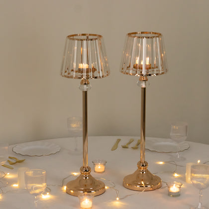 2-Pack Gold Crystal Pendant Candle Holders 25" Classic Empire Lamp Shade Style, Votive Candle Stand for Table Centerpieces