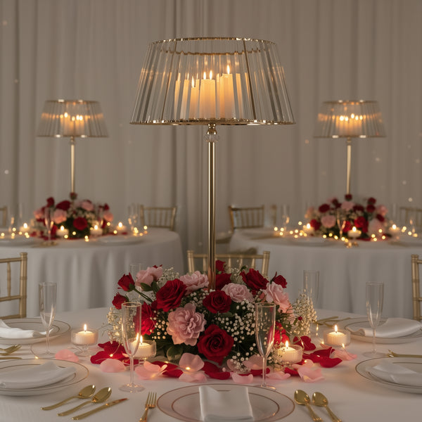 Elegant table setting with a floral centerpiece and candle lamp.