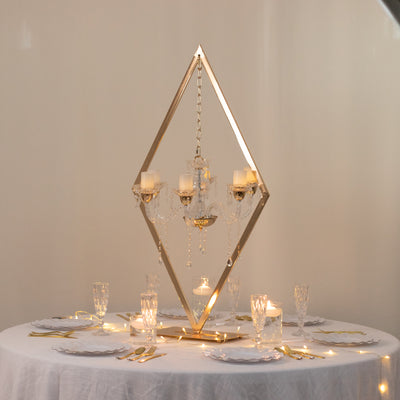 Elegant gold diamond chandelier centerpiece with candles and crystal accents.