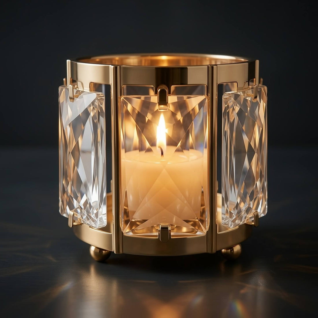 Luxury gold candle holder with faceted crystal panels and lit candle