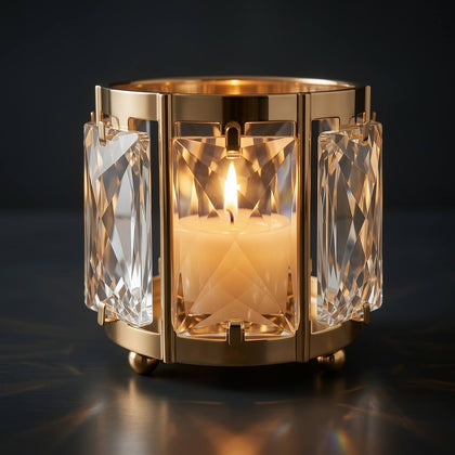6 Pack Gold Votive Candle Holders, 3" Metal Frame Tea Light Cups with Faceted Crystal Pendant Panels