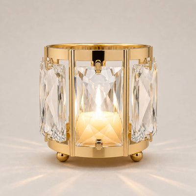 Gold crystal LED table lamp with faceted glass panels and warm glow