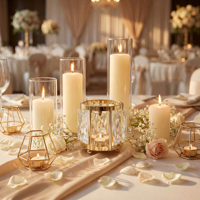Elegant wedding table centerpiece with candles, roses, and gold decor