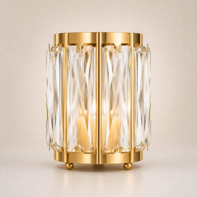 Gold and crystal luxury table lamp with faceted glass panels
