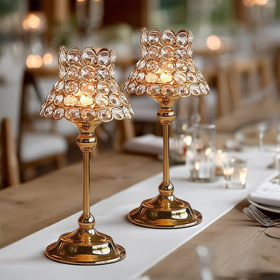 2 Pack Gold Centerpiece Candle Holders with Crystal Beaded Lamp-Style Shades – 12" Tall for Weddings & Events