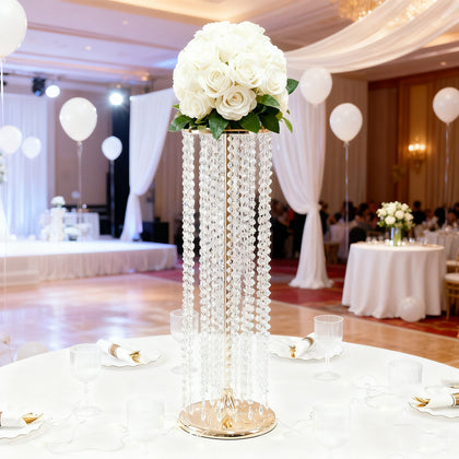 4-Pack Metal Flower Stand Vases in Gold with Hanging Crystal Beads – 32" Tall Decorative Column Centerpieces for Events and Table Décor