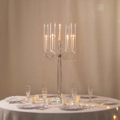 Crystal 4-Arm Candelabra Taper Candle Holder with Hurricane Glass Shades – Table Centerpiece with Pedestal Base & Hanging Crystal Accents - 38" Tall