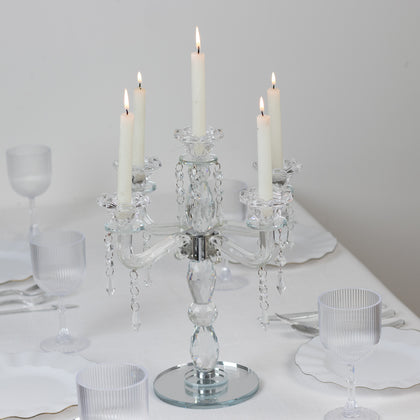 Crystal 5-Arm Candelabra Taper Candle Holder with Hanging Prisms & Round Mirror Base – Faceted Cut Glass Design - 14" Tall