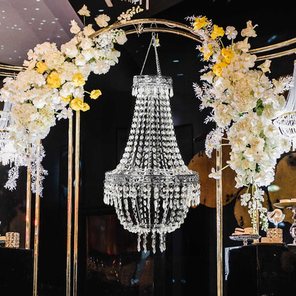 Empire Style Beaded Crystal Chandelier with Silver Ornate Metal Frame, Adjustable Hanging Farmhouse Pendant Ceiling Lighting - 3ft