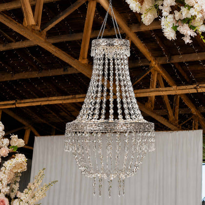 Empire Style Beaded Crystal Chandelier with Silver Ornate Metal Frame, Adjustable Hanging Farmhouse Pendant Ceiling Lighting - 5ft