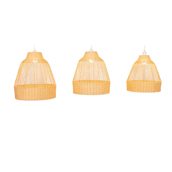 Three woven rattan pendant lamps in natural beige on white background
