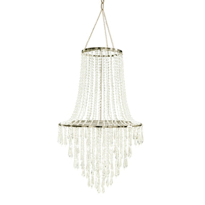 Elegant crystal chandelier with cascading beads and silver frame