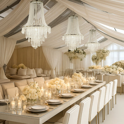 Elegant banquet setup with chandeliers and floral centerpieces in a luxurious venue.