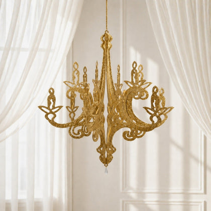 Gold Glittered Acrylic Chandelier Hanging Decor 24", 3D Interlocking Cutout Design, Ceiling Decor