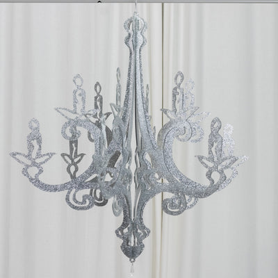 Silver Glittered Acrylic Chandelier Hanging Decor 24inch, 3D Interlocking Cutout Design