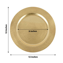 Acrylic charger plates, metallic gold round plate with measurements 13 inches and 9 inches