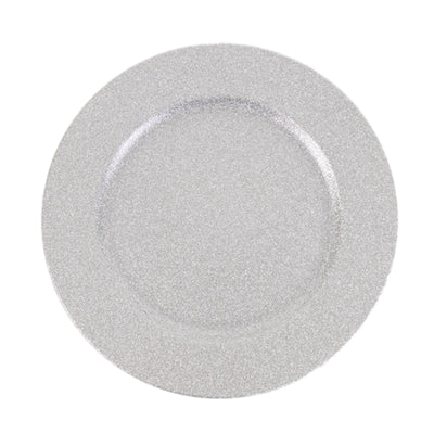 Silver glitter charger plate on a white background