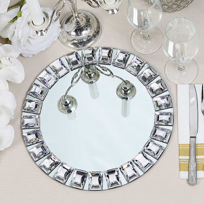 Elegant mirrored serving tray with crystal accents, perfect for dining decor.
