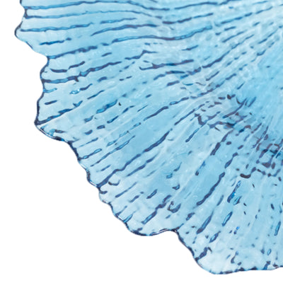 Blue glass decorative plate with textured design.