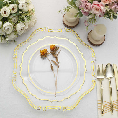 Elegant clear charger plate with gold trim and dried flowers, set on a table with decor.