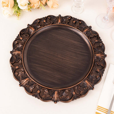 Elegant ornate bronze charger plate with intricate detailing.