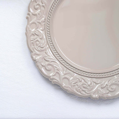 Elegant beige decorative plate with intricate floral design.