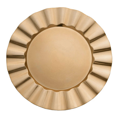 Gold scalloped serving plate on white background