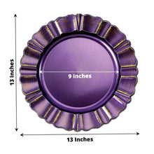 Acrylic charger plates, Charger plates - Purple plastic round charger plate with waved scalloped rim, measuring 13 inches in diameter and 9 inches in inner diameter