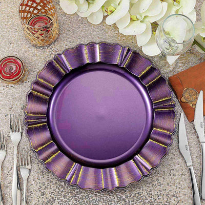 Purple decorative charger plate with scalloped edges on a festive table setting.